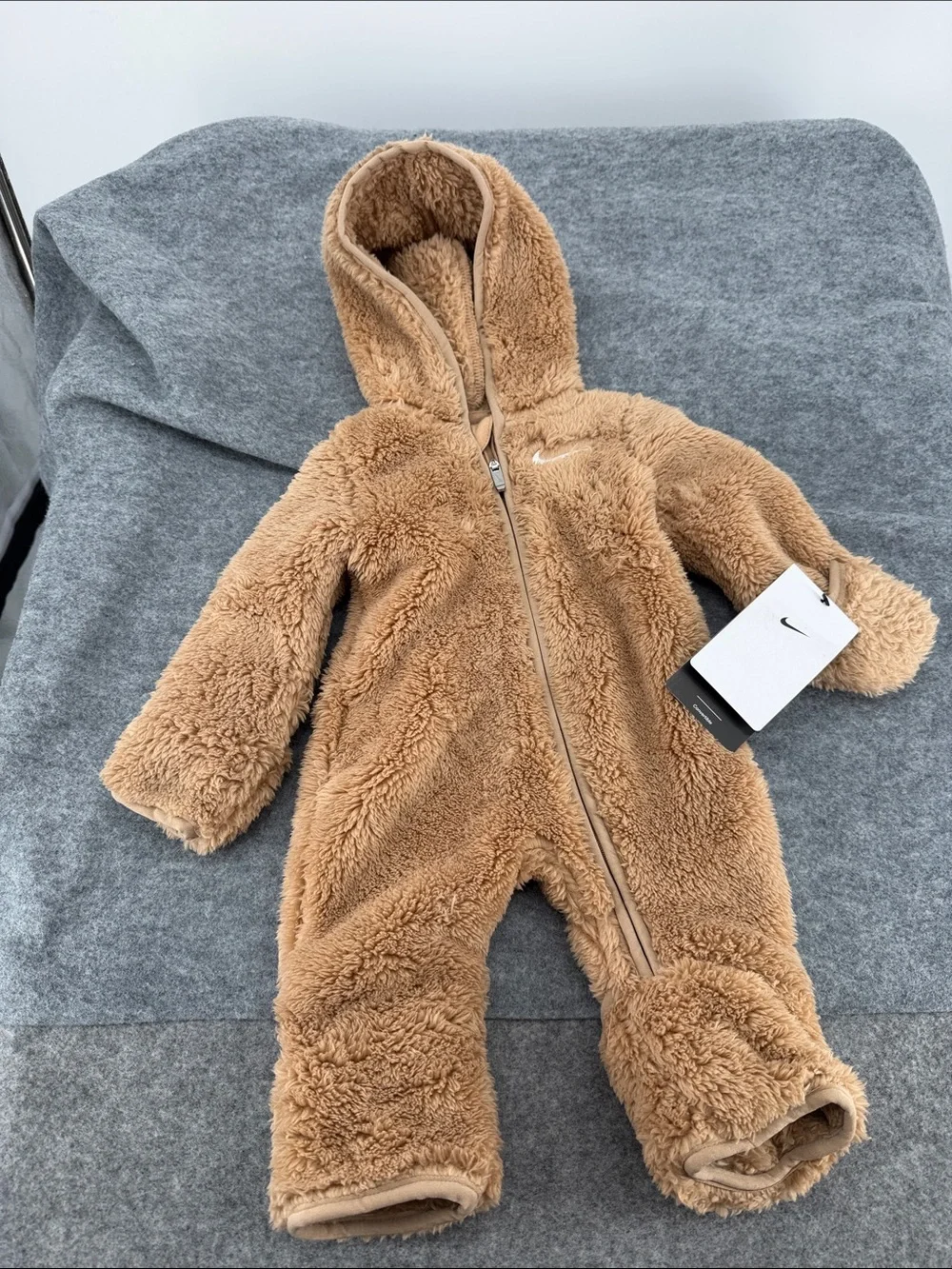 Nike convertible teddy bear Plush Hooded One-Piece in Tan full zip up